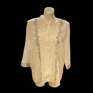 Marisa Christina Cream Button-Front Blouse with Black Vine Trim